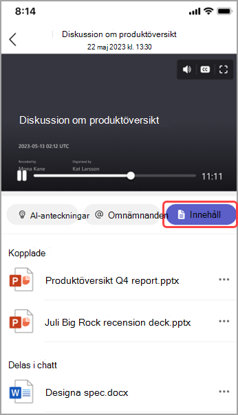 Visa delat innehåll i sammanfattningen av Teams-möten.