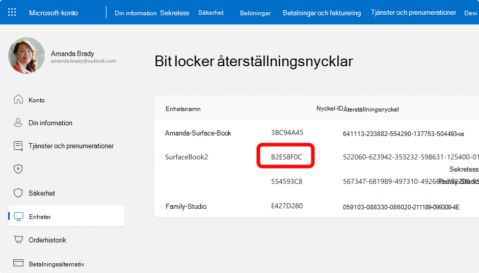 Skärmbild av BitLocker-återställningsnycklarna för ett Microsoft-konto.