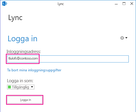 Del av inloggningsfönstret i Lync, med "ta bort inloggningsinformation" markerat