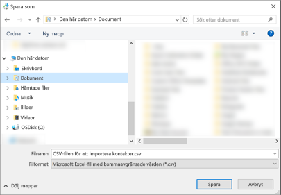 När du laddar ned exempelfilen i .csv-format sparar du den på datorn som en CSV-fil.