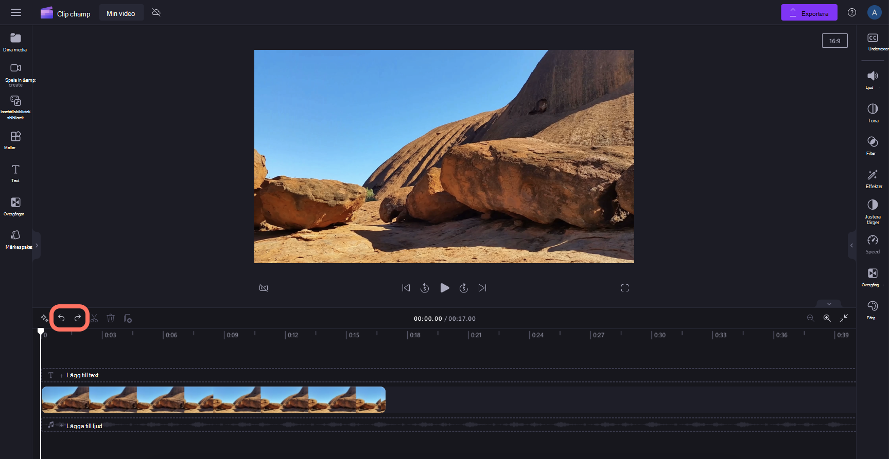 Bild som visar knapparna Ångra och Gör om ovanför tidslinjen i Clipchamp.