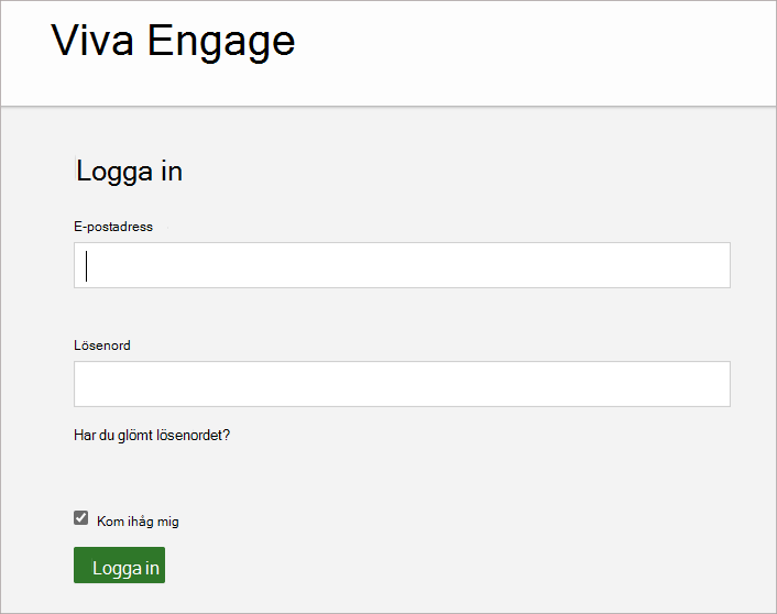Skärmbilden visar skärmen där du anger den e-postadress och det lösenord som är kopplade till ditt Viva Engage-konto.