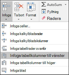 Om du vill lägga till en tabellkolumn från fliken Start klickar du på pilen för Infoga > Infoga tabellkolumner till vänster.