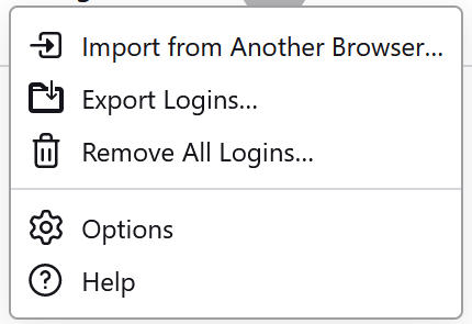 Lösenordsmenyn i Firefox, som visar Exportera inloggningar tillgängliga.