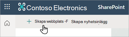 Skärmbild som visar kommandot Skapa webbplats i SharePoint Online.