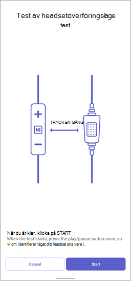 Skärmbild av test av headsetets överföringsläge i Walkie-talkie med Start-knappen.