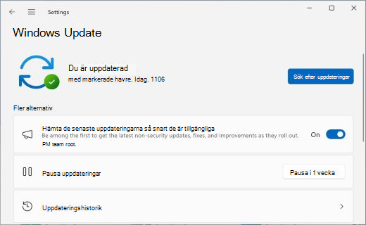 Visar den Windows Update skärmen med växlingsknappen som gör att du kan välja om du vill hämta de senaste uppdateringarna så snart de är tillgängliga.