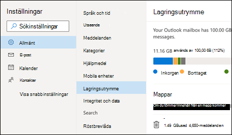 Mapplagringsmeny för Outlook Web App.