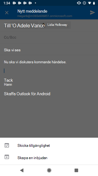 Visar en Android-skärm med e-postmeddelandeutkast nedtonat och knappen "Skicka tillgänglighet" under den.