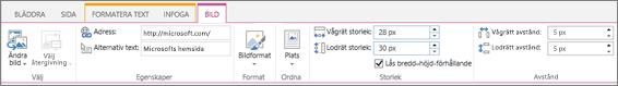 Skärmbild som visar en del av menyfliksområdet i SharePoint Online med fliken Bild markerad och de val som är tillgängliga i grupperna Välj, Egenskaper, Formatmallar, Ordna, Storlek och Avstånd.