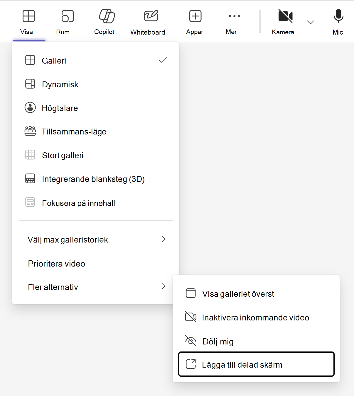 Vyväxlaren, som anges av knappen "Visa" i menyraden för Teams-möte, innehåller ett alternativ för att lägga till ett delat visningsläge under undermenyn "Fler alternativ".