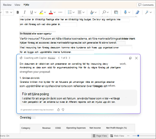 Visar förslag på coachning i Word.