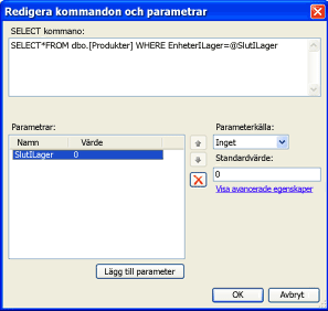 Dialogrutan Redigera kommandon och parametrar med SQL-parameteruttryck