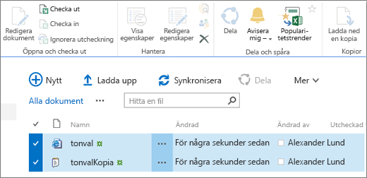 Redigera en del av menyfliksområdet med två objekt markerade i listan