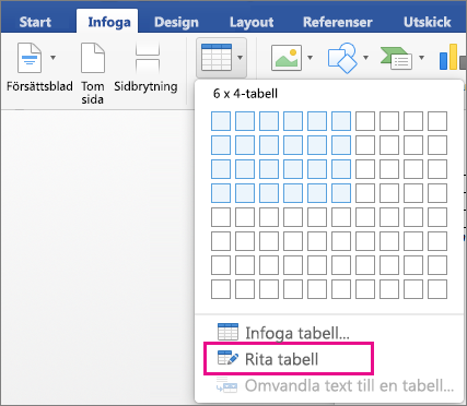 Rita tabell är markerat för att skapa en anpassad tabell
