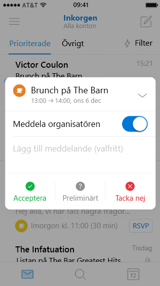 Visar en mobilskärm med en sammanfattad inbjudan till en händelse. Expanderpilen visas högst upp på skärmen och pekar nedåt