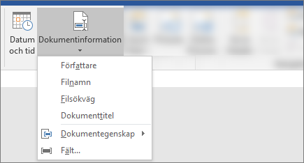 Skärmbild som visar knapparna Dokumentinformation & Datum och tid i menyfliksområdet i Word