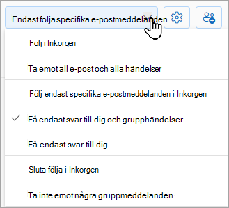 I listrutan visas följande alternativ: följ i Inkorgen, följ endast vissa e-postmeddelanden i Inkorgen eller sluta följa i Inkorgen.