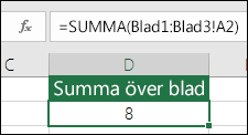 3D-SUMMA – Formeln i cell D2 är =SUMMA(Blad1:Blad3!A2)