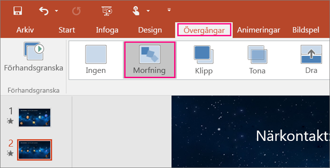 Visar övergången Morfning på menyn Övergångar i PowerPoint 2016