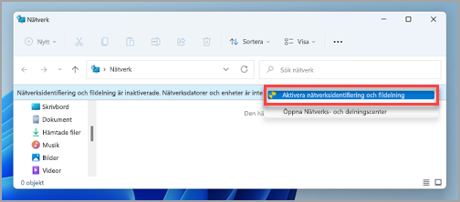 Kommandotolken för nätverk och fildelning i fönstret Nätverk i Windows 11.