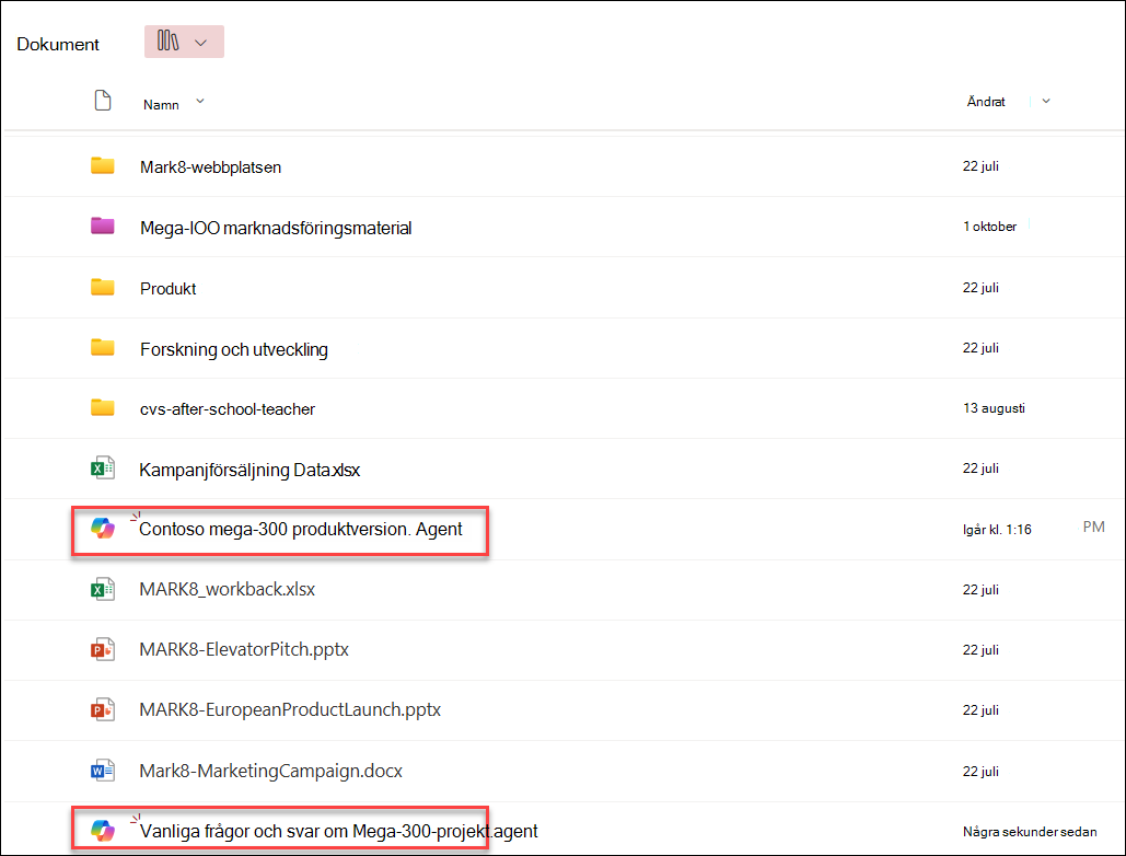 skärmbild av copilot-agenter som sparats i den aktuella dokumentbiblioteksmappen
