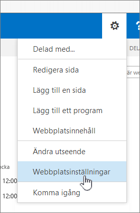 Webbplatsinställningar under knappen Inställningar