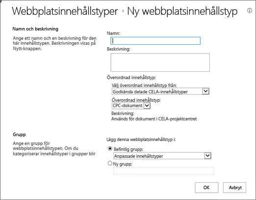 Dialogruta för att skapa innehållstyper