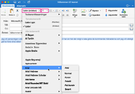Väljare för teckensnitt och teckenstorlek i Outlook för Mac