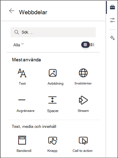 Webbdelar listade i verktygslådans nivå 2