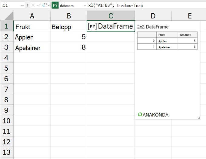 Ett öppet DataFrame-kort.