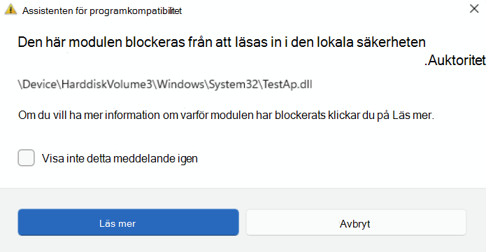 Varning som startas när LSA-skydd blockerar inläsning av en fil.