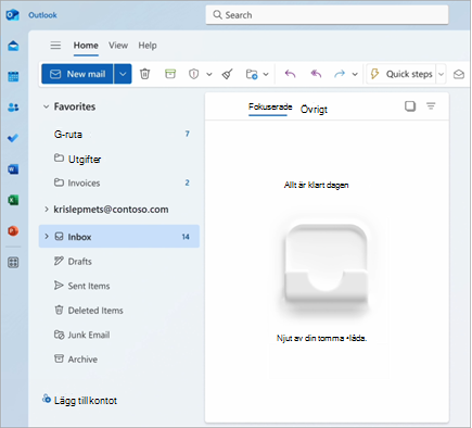 Skärmbild av Outlook-fönstret med flikarna Prioriterad och Övrig