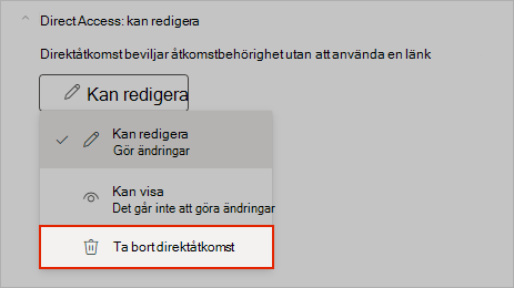 OneNote-skärmbild som visar hur du tar bort direktdelningsåtkomst