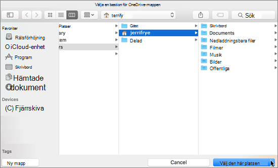 Skärmbild av hur du väljer en mapplats i guiden Välkommen till OneDrive på en Mac