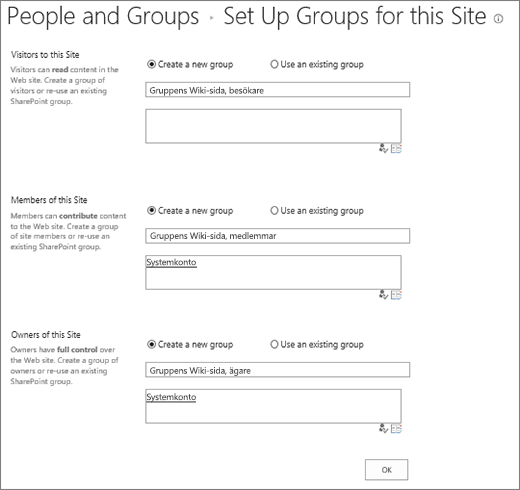 Dialogrutan Konfigurera grupper på den här webbplatsen