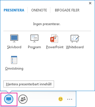 Skärmbild av fliken Presentera som visar presentationslägen för Skrivbord, Program, PowerPoint, Whiteboard och Omröstning