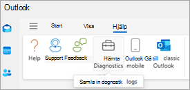 Skärmbild av Hämta diagnostik i menyfliksområdet i Outlook