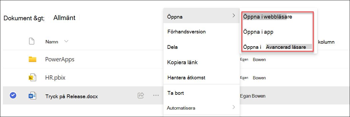 skärmbild av tre öppna alternativ för ett dokument.