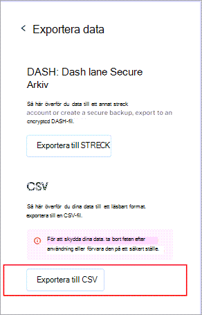 Menyn Exportera data i Dashlane med knappen Exportera till CSV nära nederkanten markerad.