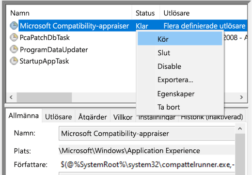 Köra Microsoft Compatibility Appraiser i Schemaläggaren.