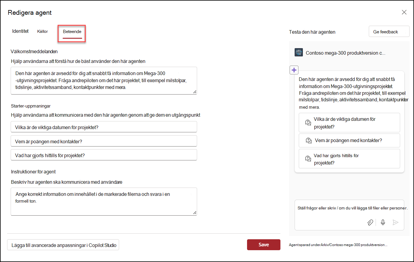 skärmbild av redigering av copilot-agentbeteende