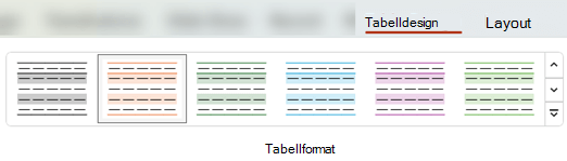 På fliken Tabelldesign kan du välja bland många fördefinierade tabellformat för att snabbt tillämpa olika formatering på en tabell.