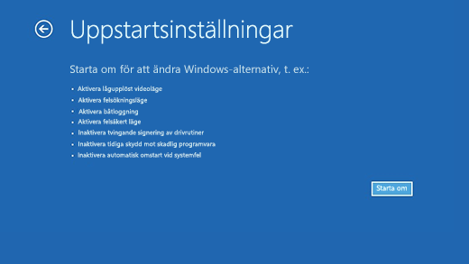 Skärmen Startinställningar i Windows Återställningsmiljö.