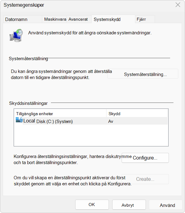 Skärmbild av Systemskyddsinställningar.