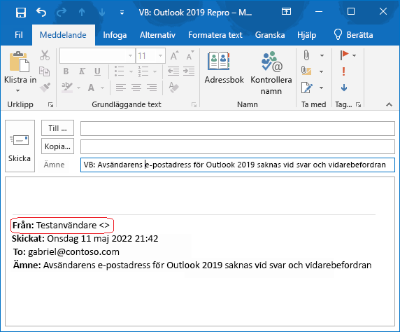 I e-postmeddelandets brödtext saknas e-postadressen till avsändaren av det ursprungliga meddelandet
