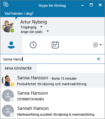 Skärmbild av Skype för företag-fönstret vid sökning efter en kontakt att lägga till.