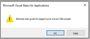 Skärmbild av felet i Microsoft Visual Basic for Applications-fönstret