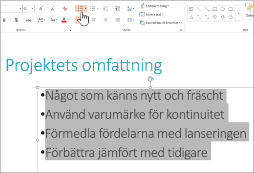 Markerad text med punkter