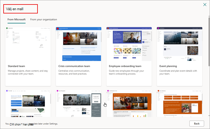 Skärmbild som visar de mallar du kan använda med din nya SharePoint Online-webbplats.